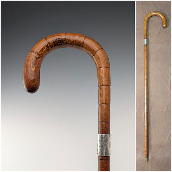 Circa 1921 British antique brown shaft, curved handle, pure silver decoration, walking stick, 88cm